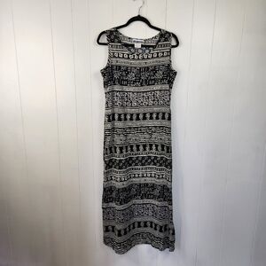 Vintage 90s Black Aztec Print Summer Midi Dress 1990s Sheath Sundress Beach Boho
